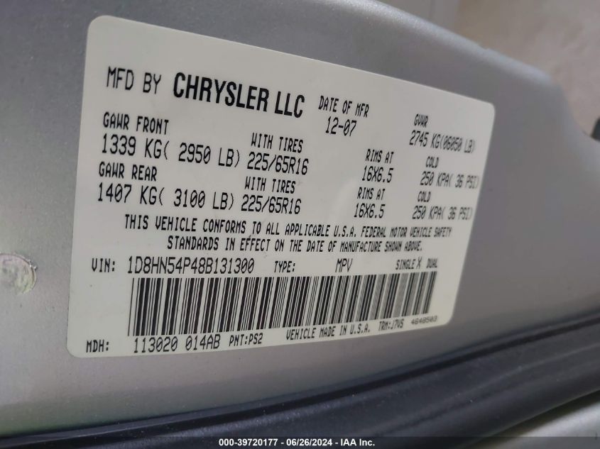 2008 Dodge Grand Caravan Sxt VIN: 1D8HN54P48B131300 Lot: 39720177