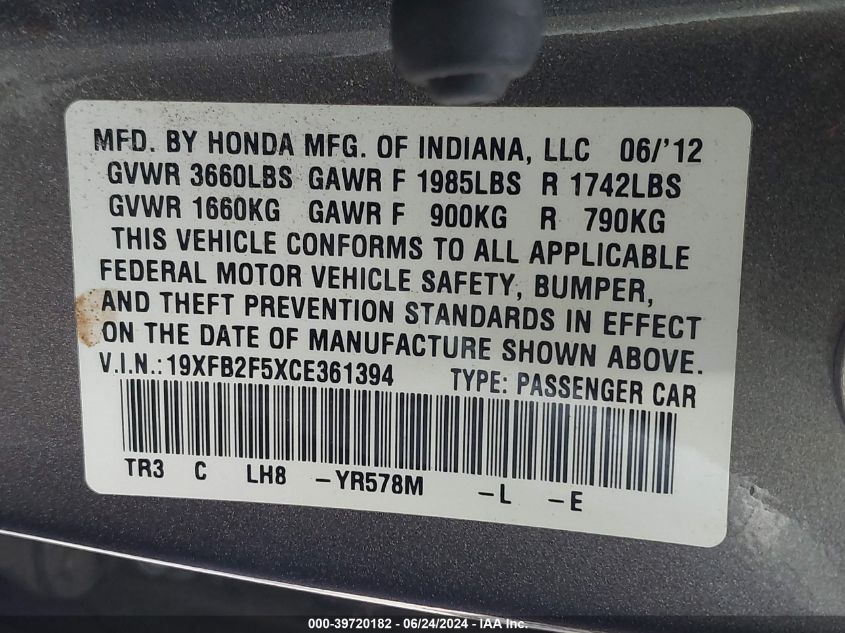 2012 Honda Civic Lx VIN: 19XFB2F5XCE361394 Lot: 39720182