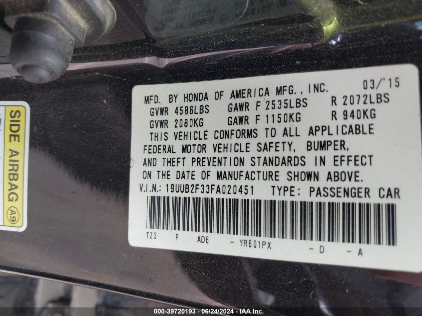 2015 Acura Tlx V6 VIN: 19UUB2F33FA020451 Lot: 39720193