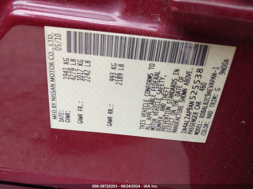 2010 Nissan Altima 2.5 S VIN: 1N4AL2AP9AN525538 Lot: 39720203