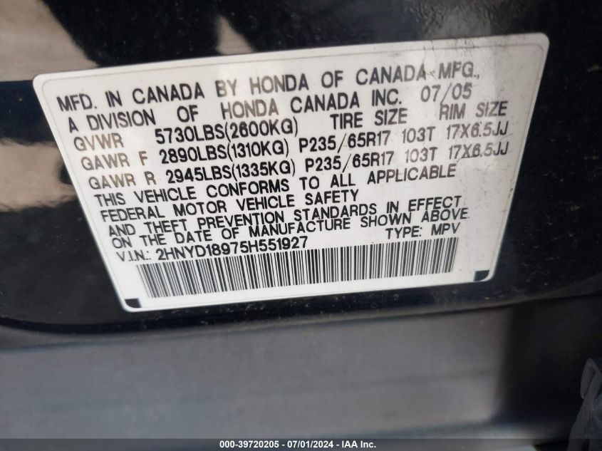 2005 Acura Mdx VIN: 2HNYD18975H551927 Lot: 39720205