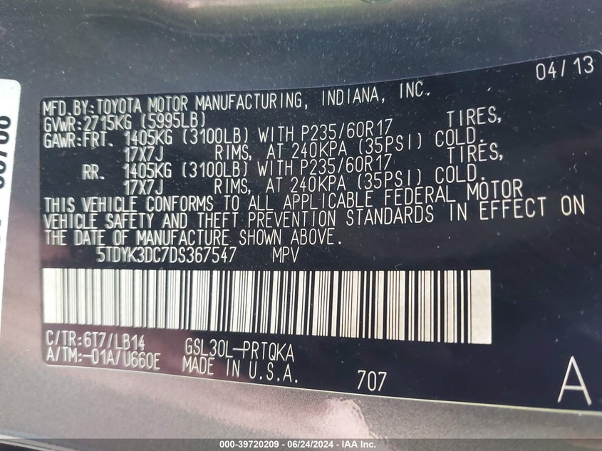 2013 Toyota Sienna Xle V6 8 Passenger VIN: 5TDYK3DC7DS367547 Lot: 39720209