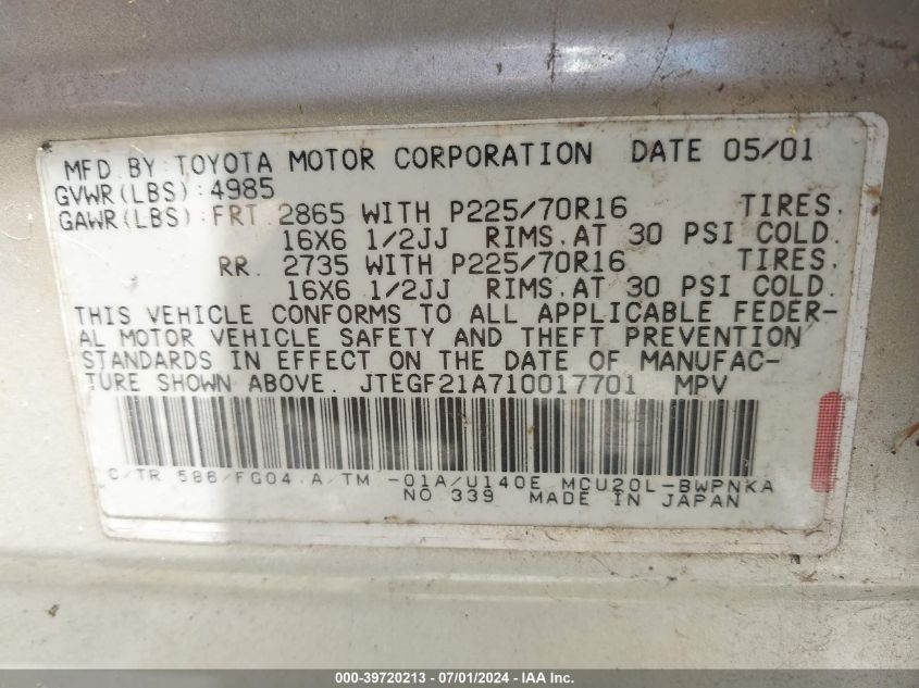 2001 Toyota Highlander V6 VIN: JTEGF21A710017701 Lot: 39720213