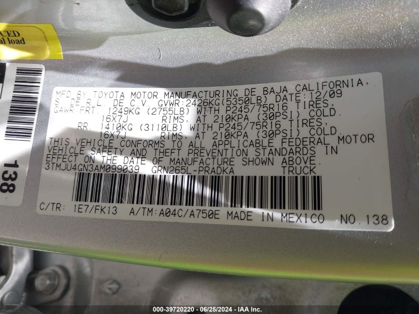 2010 Toyota Tacoma Double Cab Prerunner VIN: 3TMJU4GN3AM099039 Lot: 39720220