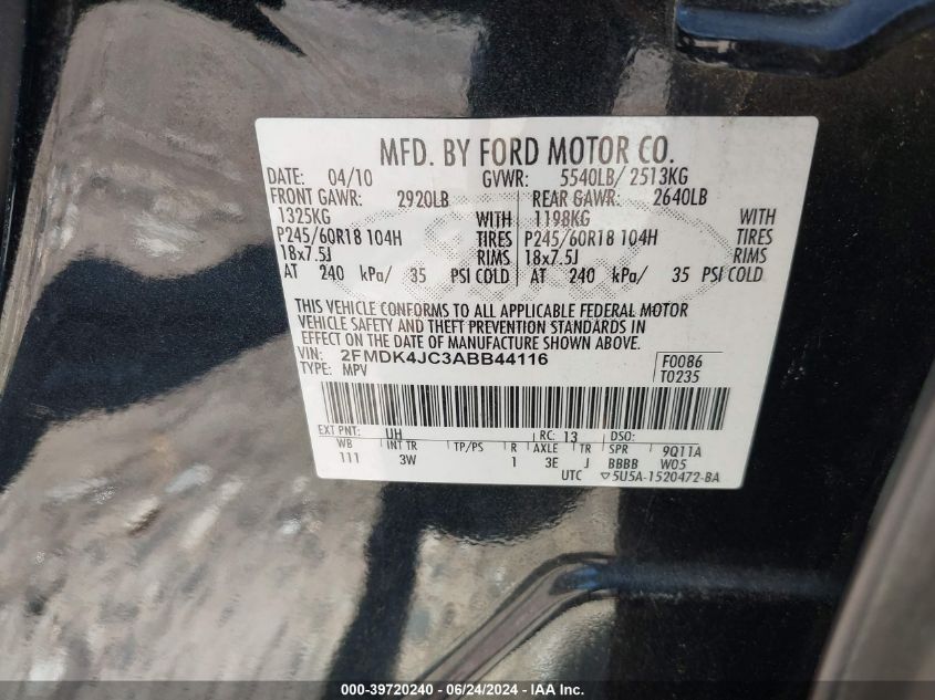 2010 Ford Edge Sel VIN: 2FMDK4JC3ABB44116 Lot: 39720240