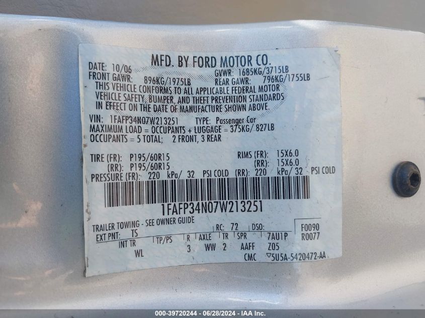 2007 Ford Focus S/Se/Ses VIN: 1FAFP34N07W213251 Lot: 39720244