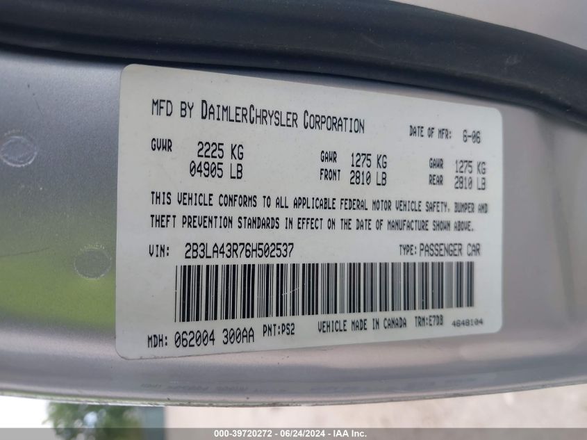 2006 Dodge Charger VIN: 2B3LA43R76H502537 Lot: 39720272