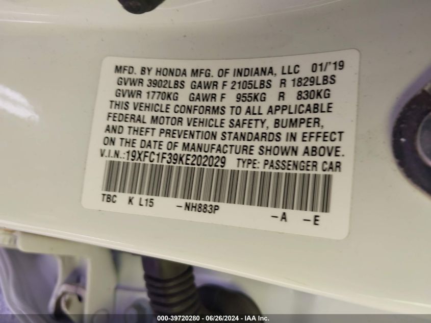 2019 Honda Civic Ex VIN: 19XFC1F39KE202029 Lot: 39720280