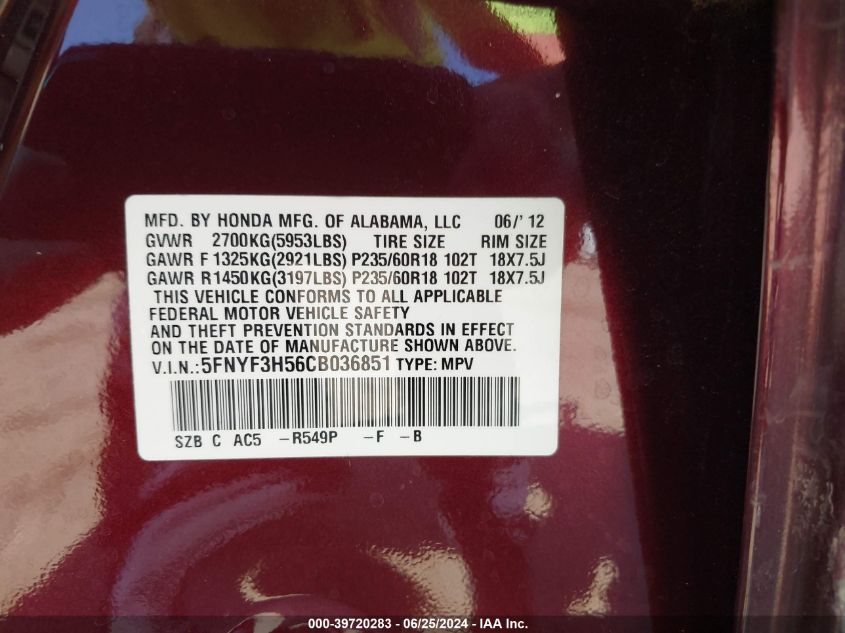 2012 Honda Pilot Ex-L VIN: 5FNYF3H56CB036851 Lot: 39720283
