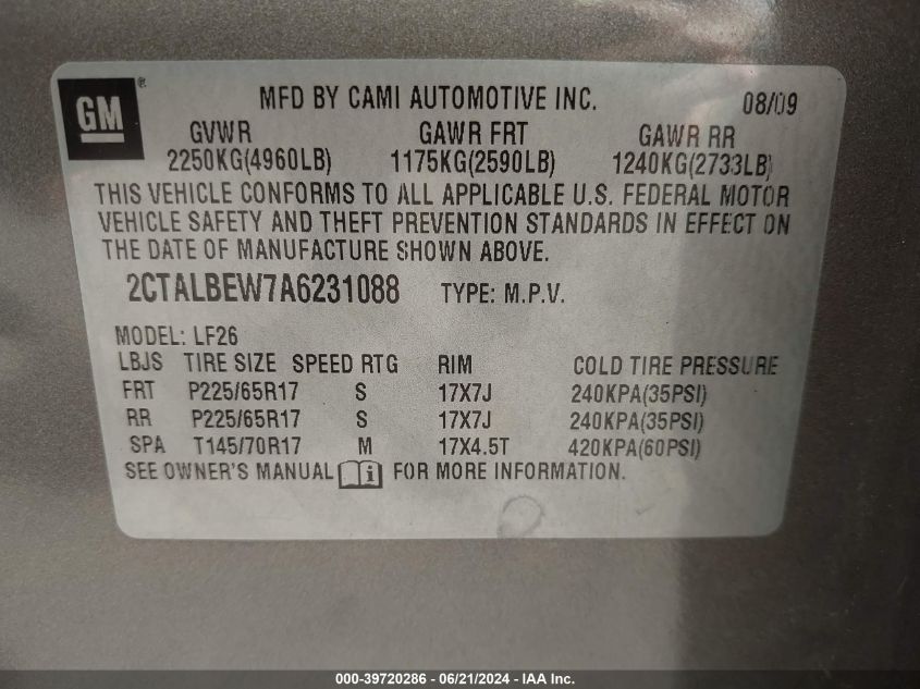 2010 GMC Terrain Sle-1 VIN: 2CTALBEW7A6231088 Lot: 39720286