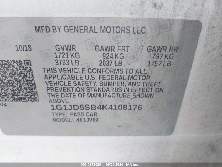 2019 Chevrolet Sonic Lt Auto VIN: 1G1JD5SB4K4108176 Lot: 39720291