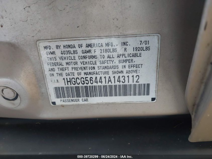 2001 Honda Accord 2.3 Lx VIN: 1HGCG56441A143112 Lot: 39720299