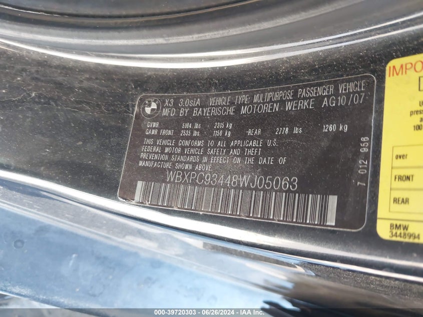 2008 BMW X3 3.0Si VIN: WBXPC93448WJ05063 Lot: 39720303