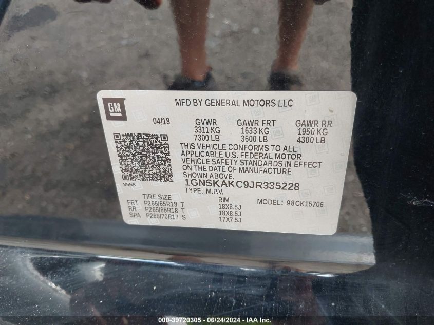 2018 Chevrolet Tahoe Ls VIN: 1GNSKAKC9JR335228 Lot: 39720305