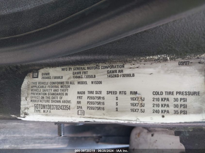 2007 Hummer H3 Suv VIN: 5GTDN13E378243354 Lot: 39720319