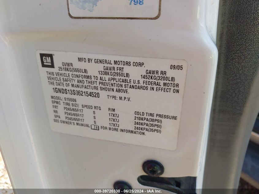 2006 Chevrolet Trailblazer Lt VIN: 1GNDS13S062154520 Lot: 39720330