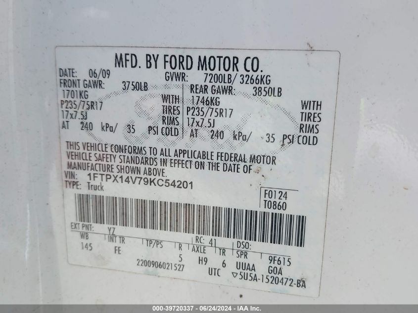 2009 Ford F-150 Fx4/Lariat/Xl/Xlt VIN: 1FTPX14V79KC54201 Lot: 39720337