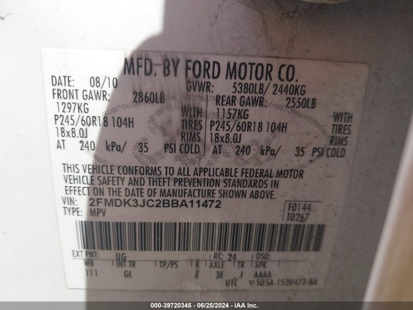 2011 Ford Edge Sel VIN: 2FMDK3JC2BBA11472 Lot: 39720345