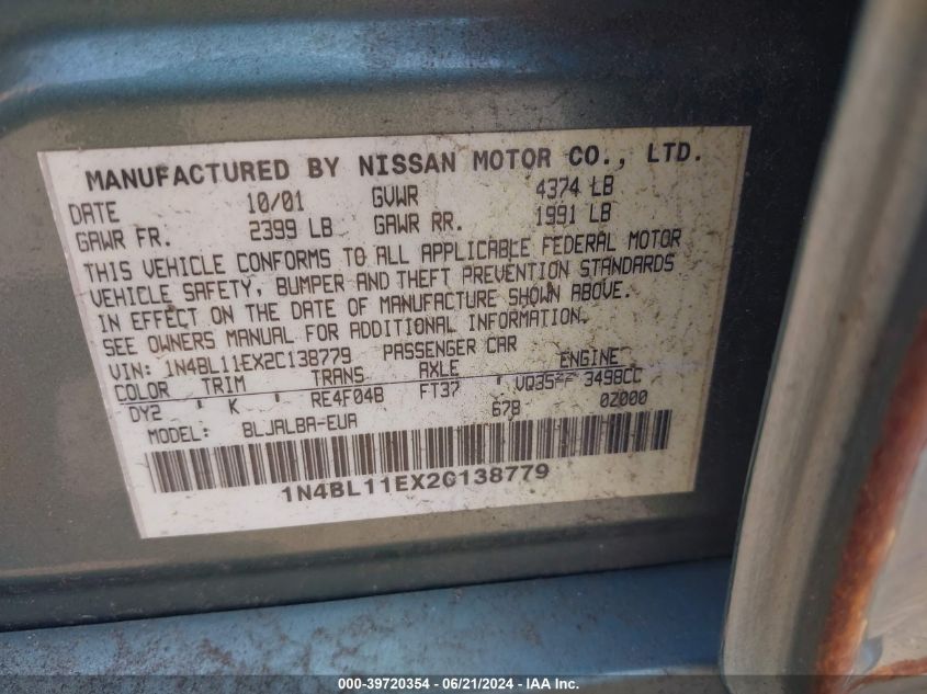 1N4BL11EX2C138779 2002 Nissan Altima 3.5 Se