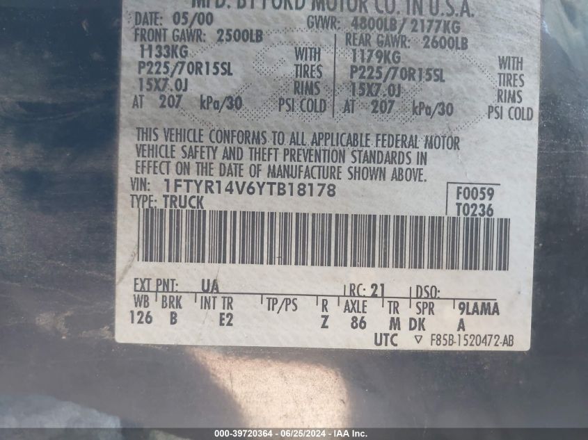 2000 Ford Ranger Super Cab VIN: 1FTYR14V6YTB18178 Lot: 39720364