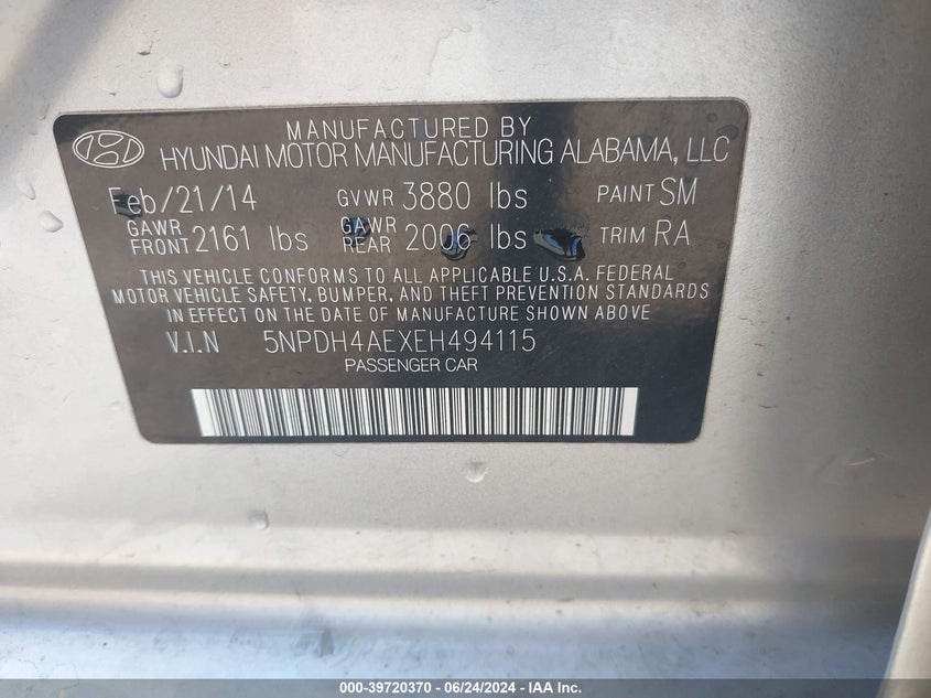 2014 Hyundai Elantra Se VIN: 5NPDH4AEXEH494115 Lot: 39720370
