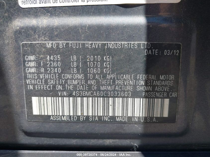 2012 Subaru Legacy 2.5I VIN: 4S3BMCA60C3033603 Lot: 39720374
