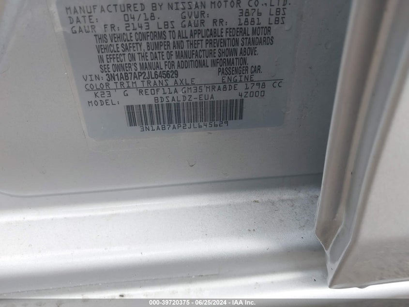 2018 Nissan Sentra Sv VIN: 3N1AB7AP2JL645629 Lot: 39720375