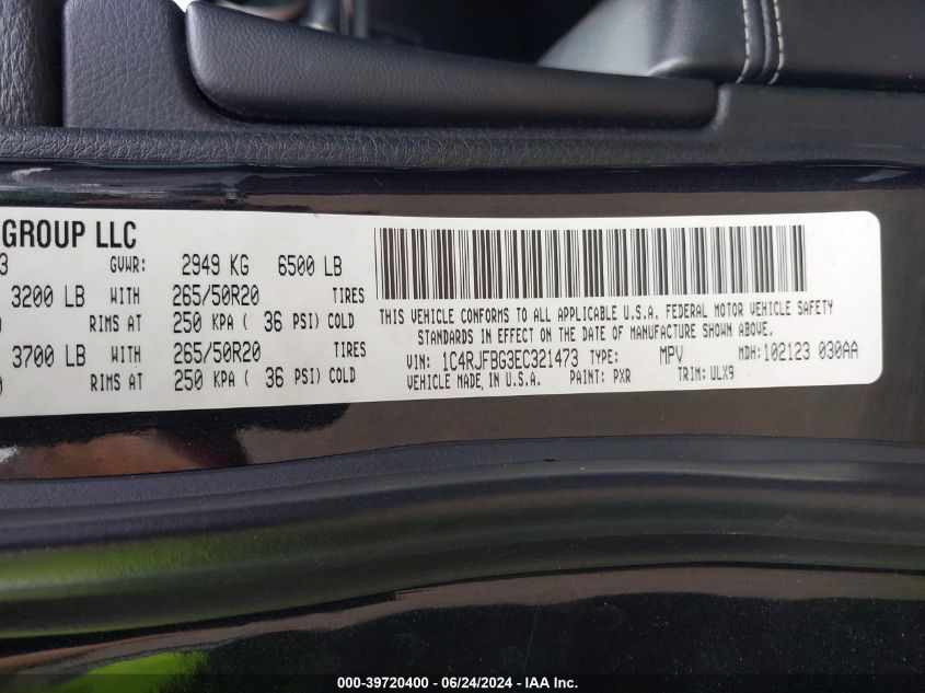 2014 Jeep Grand Cherokee Limited VIN: 1C4RJFBG3EC321473 Lot: 39720400