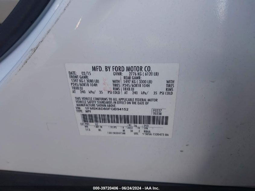 2015 Ford Explorer Xlt VIN: 1FM5K8D80FGB94152 Lot: 39720406