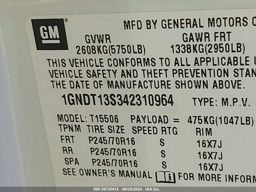 2004 Chevrolet Trailblazer Ls VIN: 1GNDT13S342310964 Lot: 39720415
