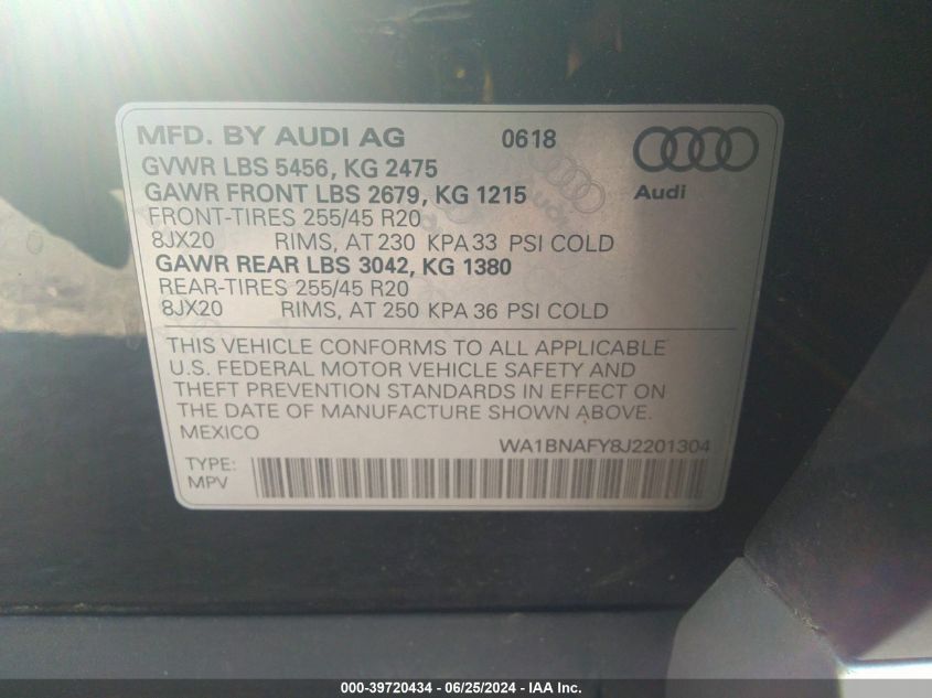 2018 Audi Q5 Premium Plus VIN: WA1BNAFY8J2201304 Lot: 39720434