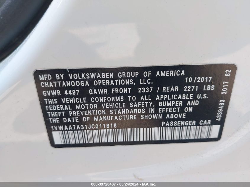 2018 Volkswagen Passat 2.0T R-Line/2.0T S VIN: 1VWAA7A31JC011816 Lot: 39720437
