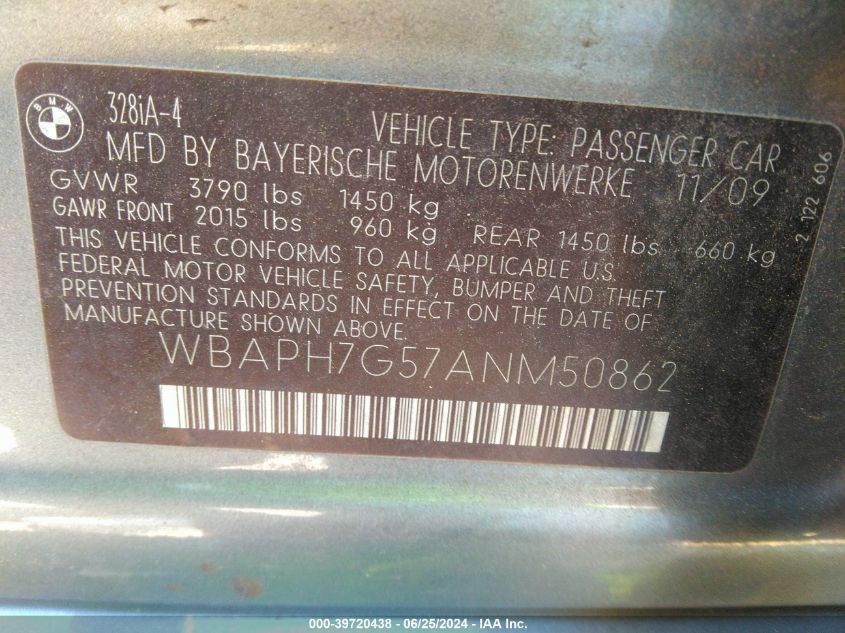 2010 BMW 328I VIN: WBAPH7G57ANM50862 Lot: 39720438