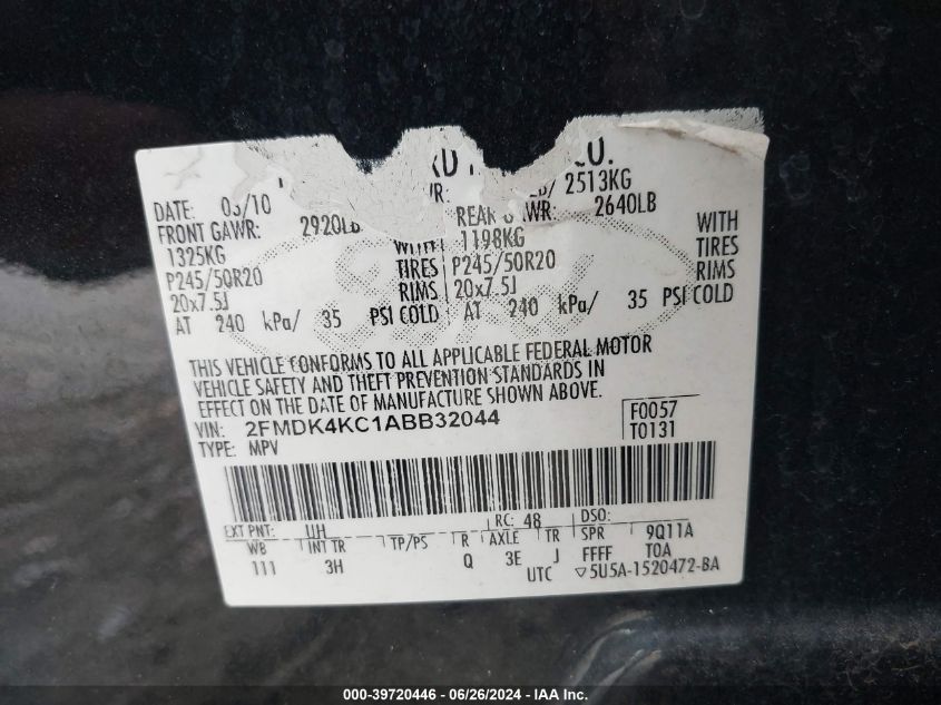 2010 Ford Edge Limited VIN: 2FMDK4KC1ABB32044 Lot: 39720446