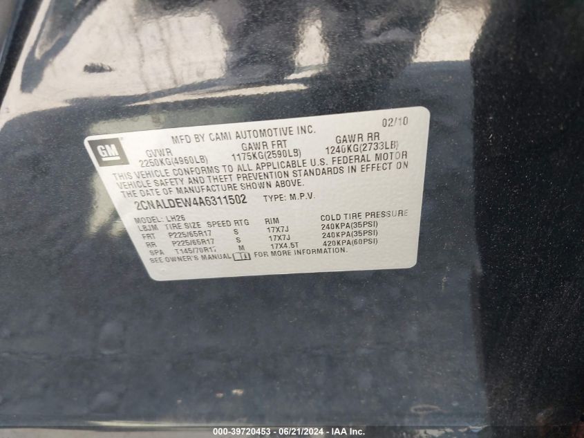 2010 Chevrolet Equinox Lt VIN: 2CNALDEW4A6311502 Lot: 39720453