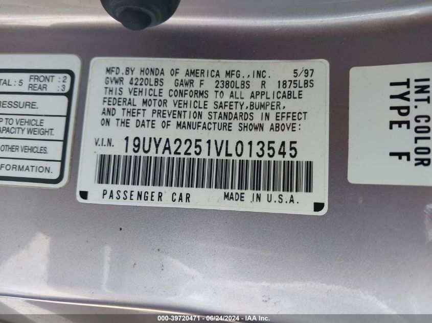 1997 Acura Cl 3.0 VIN: 19UYA2251VL013545 Lot: 39720471