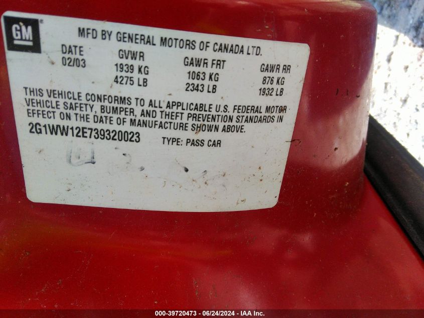 2003 Chevrolet Monte Carlo Ls VIN: 2G1WW12E739320023 Lot: 39720473