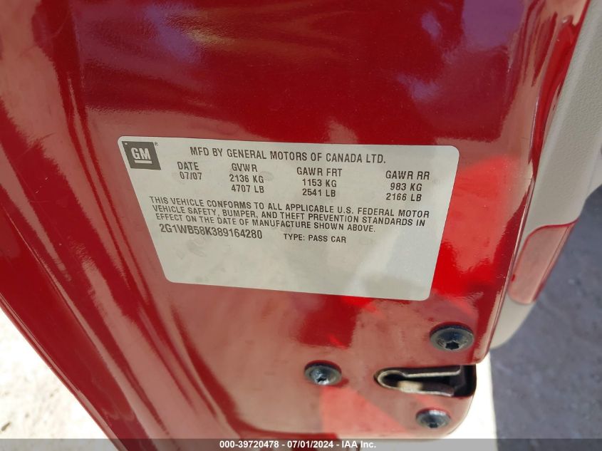 2008 Chevrolet Impala Ls VIN: 2G1WB58K389164280 Lot: 39720478