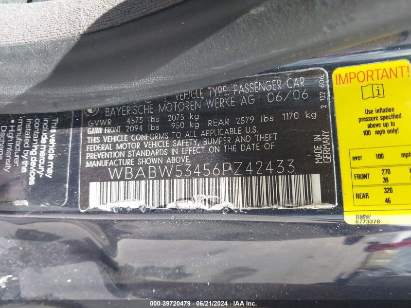 2006 BMW 330Ci VIN: WBABW53456PZ42433 Lot: 39720479