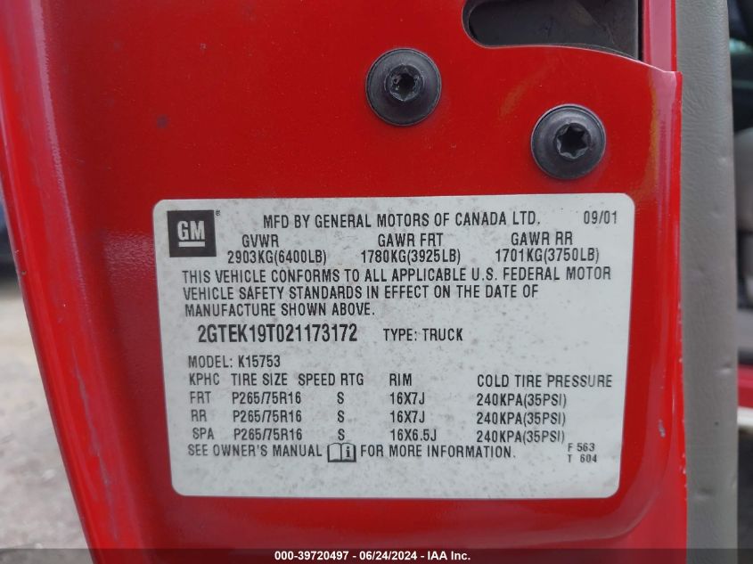 2002 GMC Sierra 1500 Sle VIN: 2GTEK19T021173172 Lot: 39720497