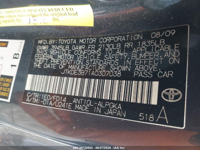 2010 Scion Tc VIN: JTKDE3B71A0307038 Lot: 39720503