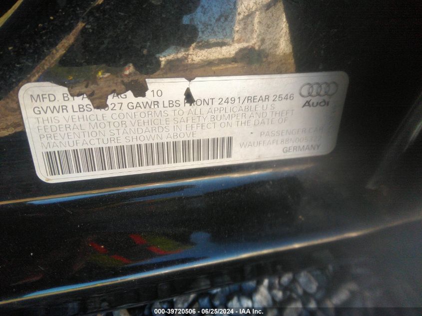 2011 Audi A4 2.0T Premium VIN: WAUFFAFL8BN005322 Lot: 39720506