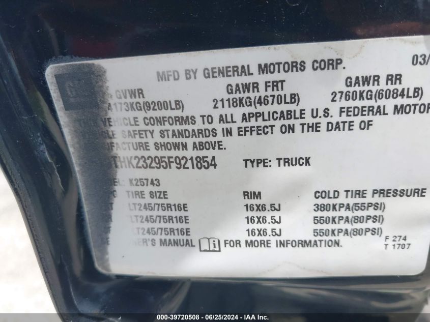 2005 GMC Sierra 2500Hd Slt VIN: 1GTHK23295F921854 Lot: 39720508