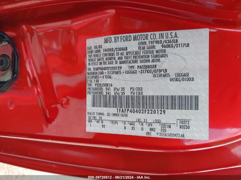 2002 Ford Mustang VIN: 1FAFP40402F220129 Lot: 39720512