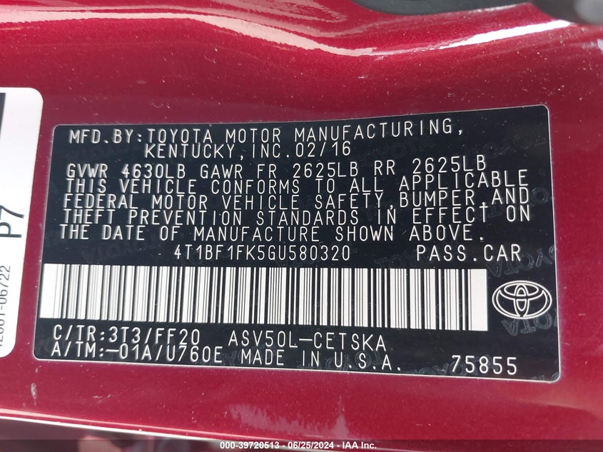 2016 Toyota Camry Le/Xle/Se/Xse VIN: 4T1BF1FK5GU580320 Lot: 39720513