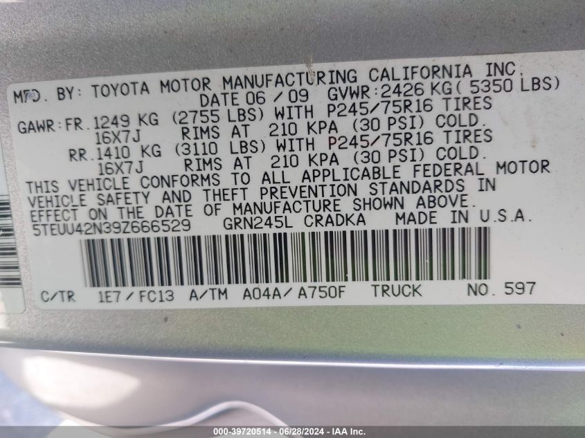 2009 Toyota Tacoma Base V6 VIN: 5TEUU42N39Z666529 Lot: 39720514
