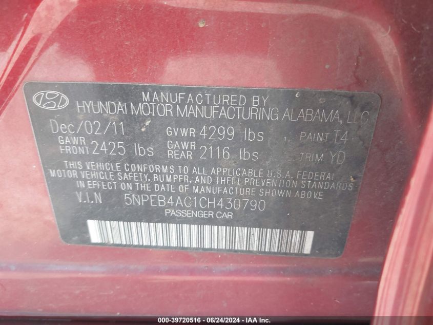 5NPEB4AC1CH430790 2012 Hyundai Sonata Gls
