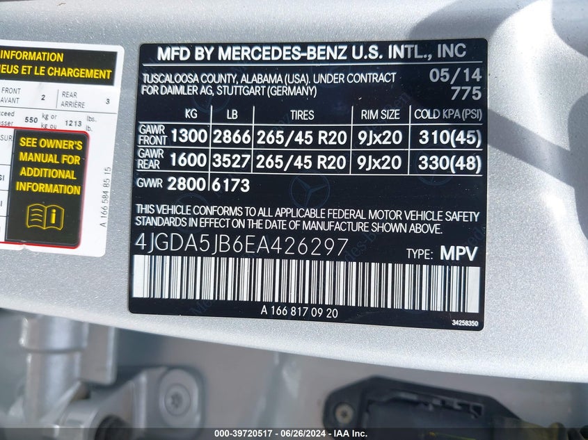 2014 MERCEDES-BENZ ML 350 350 - 4JGDA5JB6EA426297