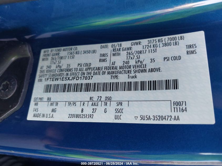 2018 Ford F-150 Xlt VIN: 1FTEW1E5XJFD17037 Lot: 39720521