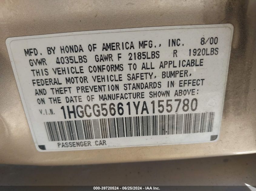 2000 Honda Accord Ex VIN: 1HGCG5661YA155780 Lot: 39720524